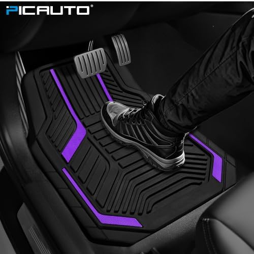 Heavy Duty Rubber Floor Mats, Purple Aluminum Film Car Mats Set, Front and Rear Car Mats with Anti-Slip Backing, All Weather Protection, Trim-to-Fit for Automotive SUV, Sedan, Van