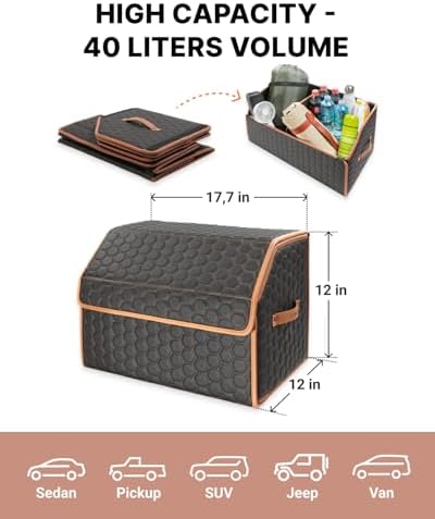 Trunk Organizer for Car, Lid, PU Leather, 17.7in 40L, 1pc, Hexy