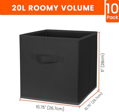Storage Cubes, 11 Inch Clothes Storage Bins for Shelves Closet (10 Pack), Fabric Collapsible Storage Bins with Dual Handles, Cubby Storage Baskets for Magazines, Dorm Essentials (Black)