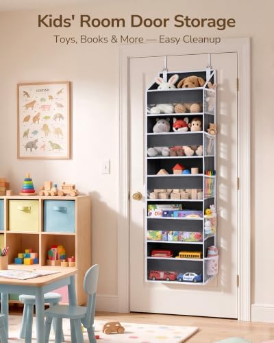 1 Pack Over Door Organizer with 5 Large Pockets 10 Mesh Side Pockets, 44 lbs Weight Capacity Hanging Storage Organizer with Clear Window Kids Toys, Diapers, Dark Grey, 5 Layers