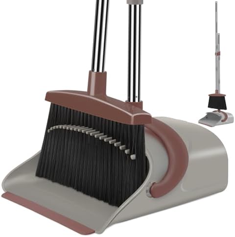 Broom with Dustpan Combo Set, 50.6 inch Long Handle, Upright Standing Broom and Dustpan Set Quiet Cleaning Tool Sweep the Floor Dust pan Removes 4 Times More Pet Hair(Brown and Gray)