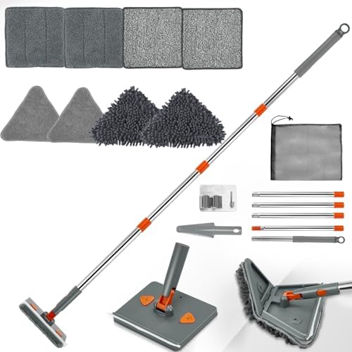 Baseboard Cleaner Tool, Foldable Wall Mop with Long Handle, 8 Pads