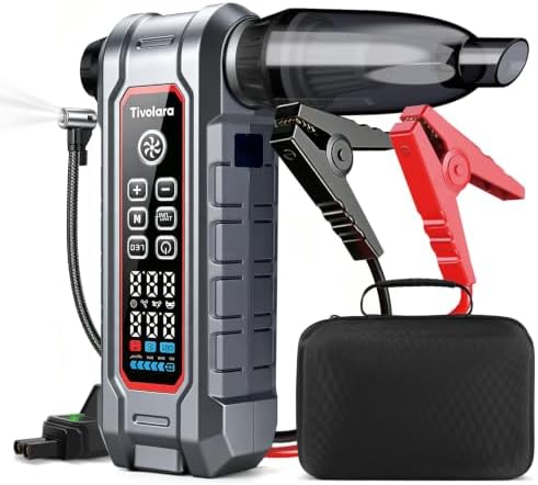 Car Jump Starter with Air Compressor and Vacuum Cleaner, 12000mAh Portable 12V Battery Jump Starter, Car Battery Booster with LED Light for Gas and Diesel Engines