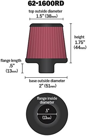 K&N Vent Air Filter / Breather: Washable and Resuable: 0.375 in/0.5 in (10 mm/13 mm) Flange ID; 1.75 in (44 mm) Height; 2 in (51 mm) Base; 1.5 in (38 mm) Top, Red , 62-1600RD