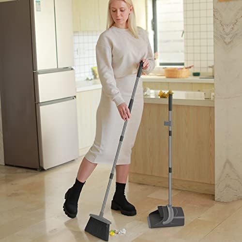 Broom and Dustpan Set, Dust pan with Long Handle, Broom with Dustpan Combo Set, Broom and Dustpan for Home, Indoor or Outdoor Cleaning Tool (Deep Gray&Light Gray)