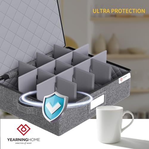 Cup and Mug Storage Box 2 Pack with Hard Shell and Dividers for Coffee Mugs,Tea Cups and Glasses,Stackable Storage Organizers with Lid,Handles,Zips and Label for Moving,Holds 24, Grey