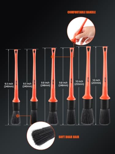 Car Detailing Brush Kit, 6Pcs Auto Boar Hair Detail Brush Set Automotive Interior Exterior No Scratch Microfiber Detailing Brushes for Cleaning Air Vents, Engine Bays, Dashboard & Wheels -BRFCD15