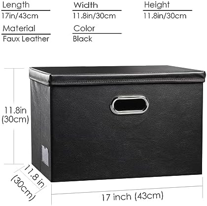Large Collapsible Storage Bin with Lid [1-Pack] Leather Fabric Foldable Storage Box Organizer Containes Basket Cube with Cover for Home Bedroom Closet Office Nursery Black (17.7x11.8x11.8)