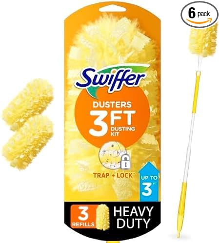 Swiffer Duster Kit with 3 ft Extendable Handle, Heavy Duty Dusting Starter Kit with 3 Refills, for Ceiling Fans, Vents and Hard to Reach Places (Pack of 6)