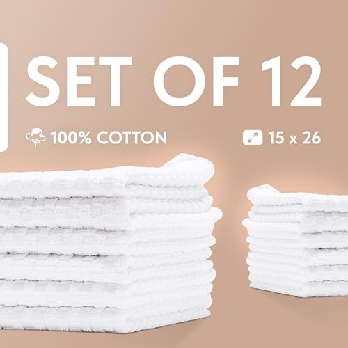 Super Absorbent Kitchen Towels 12 Pack, 15x26, White, Dobby Weave