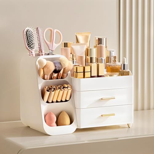 Makeup Organizer with Brush Holder for Vanity, Large Plastic Bathroom Countertop Organizer Skin Care Storage, Easy to Store Lipsticks, Nail Polishes, Perfumes, Eyeshadow Palettes, All White