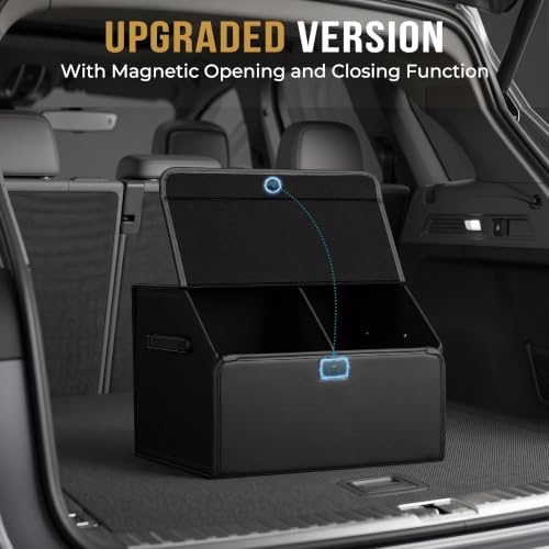 Car Trunk Organizer for SUV & Sedan - Magnetic Lid, Large Capacity PU Leather Waterproof Foldable Storage Box, Adjustable Dividers and Side Handles, Tools, Snacks & Auto Accessories, 16.5"x13"x11.4"