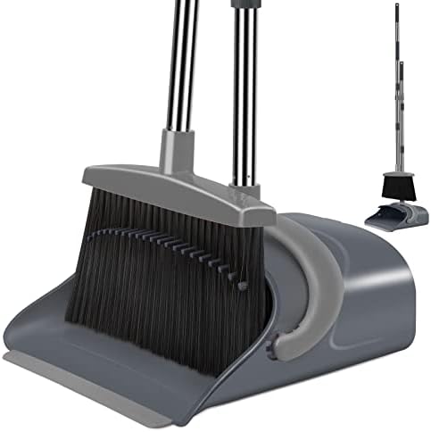 Broom and Dustpan Set, Dust pan with Long Handle, Broom with Dustpan Combo Set, Broom and Dustpan for Home, Indoor or Outdoor Cleaning Tool (Deep Gray&Light Gray)
