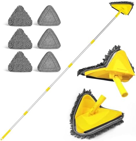 Wall Mop with Long Handle 80 Inches, Upgraded 180° Collapsible Baseboard Cleaner Tool with Squeegee, Ceiling Duster with 3 Microfiber and 3 Chenille Pads for Cleaning Window, Cabinet (Yellow)