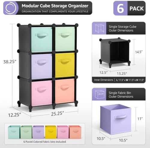 6 Cube Storage Organizer with 6 Fabric Bins (Black)