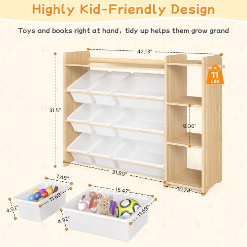 Kids Toy Storage Organizer, Wooden Shelf with 3 Tiers and 9 Storage Bins, Nursery Room Organizer for Books and Toys, White and Natural Wood