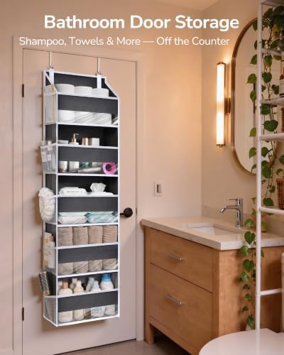 1 Pack Over Door Organizer with 5 Large Pockets 10 Mesh Side Pockets, 44 lbs Weight Capacity Hanging Storage Organizer with Clear Window Kids Toys, Diapers, Dark Grey, 5 Layers