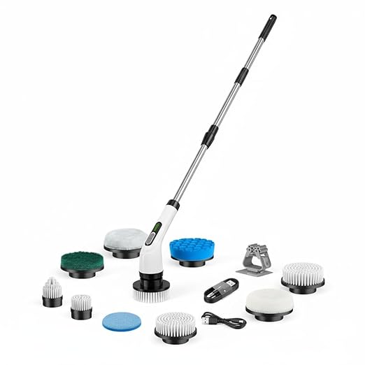 Cordless Electric Spin Scrubber - IPX7 Waterproof, LCD Display, 8 Brush Heads, Adjustable Extension Handle, for Shower, Bathtub, Tile, Grout, Kitchen, Bathroom Cleaning