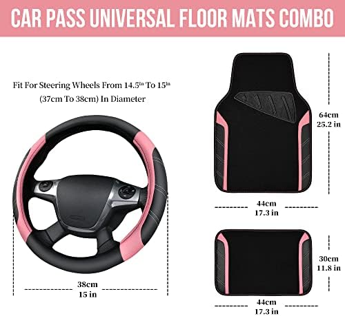 Microfiber Steering Wheel Cover and Waterproof Car Floor Mats,Leather Universal Car Combo Fit for 95% Truck,SUV,Cars,14.5-15inch Sporty Anti-Slip Safety Comfortable Design(Black and Pink)