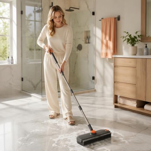 3-in-1 Floor Scrub Brush with Long Handle, Rotating Head Squeegee & Tweezer