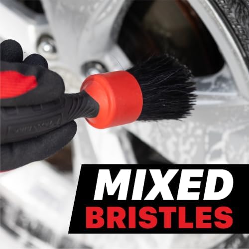 Stubby Boar Hair Detailing Brush - Premium Detail Brush with 100% Natural Boar Hair Mixed Fiber for Auto Detailing, Wheels, Engine, Interior, Air Vents Cleaning - Bestselling Tool - Red