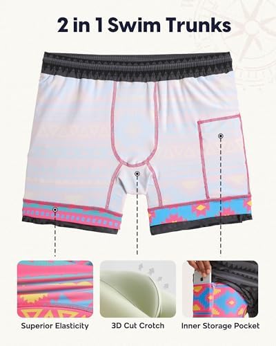 Mens Swim Trunks with Compression Liner 5" Stretch Quick Dry Beach