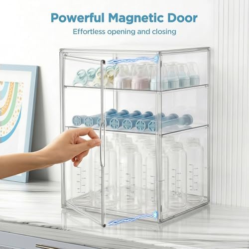 Baby Bottle Storage Organizer for Countertop Cabinet, 3 Tiers Adjustable Clear Acrylic Bottles Storage Station Case Box Container with 2 Removable Dividers and Magnetic Door, Large