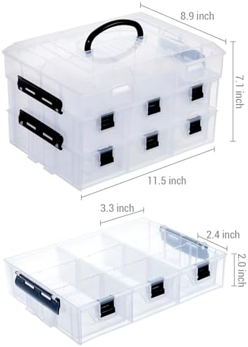 11 Inch Clear Plastic Storage Box Container, Arts and Crafts Sewing Supplies Organizer Case with Black Accents, 24 Customizable Compartments, and 6 Drawers with Removable Dividers