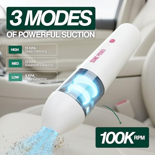 Portable Cordless Car Vacuum, 15000Pa High Suction Handheld Vacuum Cleaner, 2-in-1 Vacuum & Blower, with 4 Attachments & Portable Storage Bag for Car, Home, Pet & Office (White & Pink)