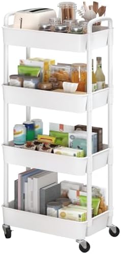 4-Tier Plastic Rolling Utility Cart with Wheels for Storage,White
