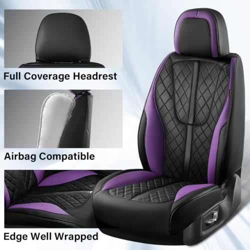 Leather Car Seat Covers Full Set, Black and Purple Seat Cover, Luxury Diamond-Pattern Leather Seat Covers & Carbon Fiber, Durable Waterproof Car Seat Protectors Universal Fit for Most Cars