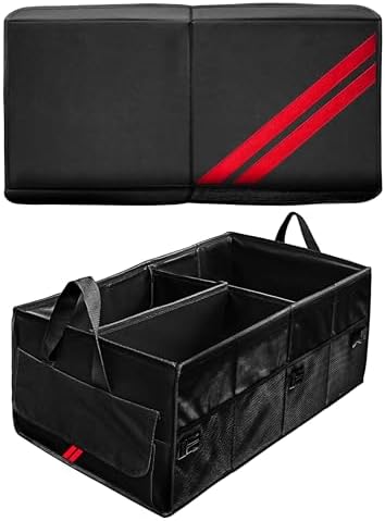 Car Trunk Organizer for Dodge Charger Durango Challenger Ram Collapsible Storage Box with Handle Foldable Lid Non Slip Bottom 2 Compartment Sturdy Base Panel for Dodge Accessories(Red Trim)