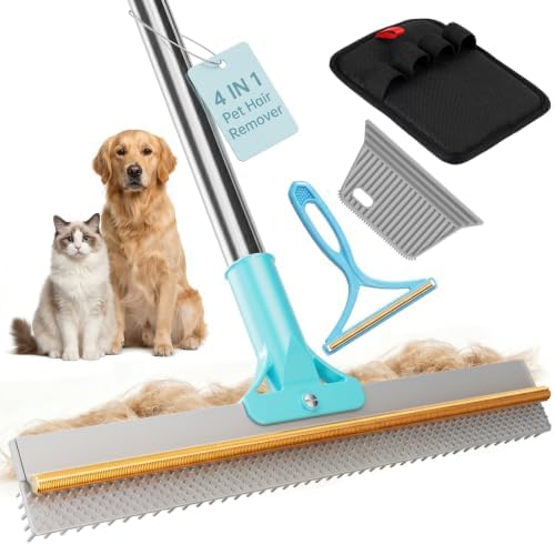 4 in 1 Carpet Rake for Pet Hair Removal, Pet Hair Remover Tool with Metal Scraper & Silicone Brush,54'' Adjustable Handle, 4 PCS Carpet Scraper Set, Dog Cat Hair Remover for Sofa, Couch, Car, Rug