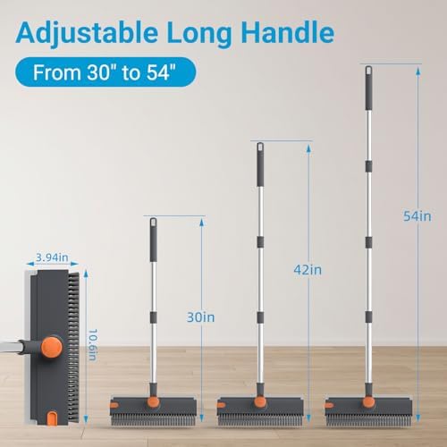 3 in 1 Floor Scrub Brush with 52" Long Handle, Heavy-Duty Stiff 90° Bristle Floor Scrubber, Shower Scrubber with Squeeze, Cleaning Brush for Bathroom Pool Garage Glass Tile Concrete Gray