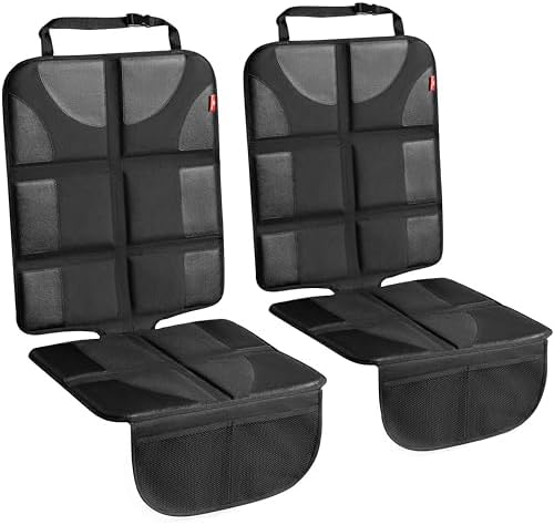XL Car Seat Protector - 2 Pack Car Seat Cover for Child Carseat with Thickest Padding, 600D Oxford, Waterproof & Durable Fabric, Non-Slip Back, 2 Mesh Storage Pockets, Black