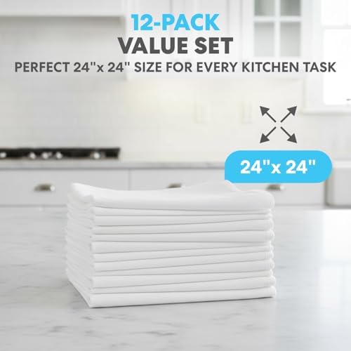 Flour Sack Kitchen Towels 24"x24" (12 Pack) – 100% Cotton, Lint-Free, High Absorbent Tea Towels – Perfect for Dish, Baking, Crafting