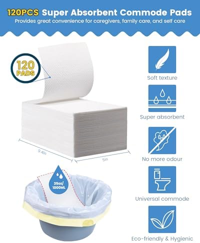 120 Count Super Absorbent Commode Pads, Disposable Toilet Pads for Adults Toilet Chair, Portable Potty, Commode Liners, Make Caregiving Easier