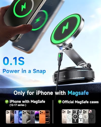 For MagSafe Car Mount Charger, 15W Fast Charging Magnetic Wireless Car Charger, Vacuum Magnetic Phone Holder [120LBS Ultra Suction Cup & 3000gf Magnet ] 780° Dashboard Car Bracket for iPhone & Android
