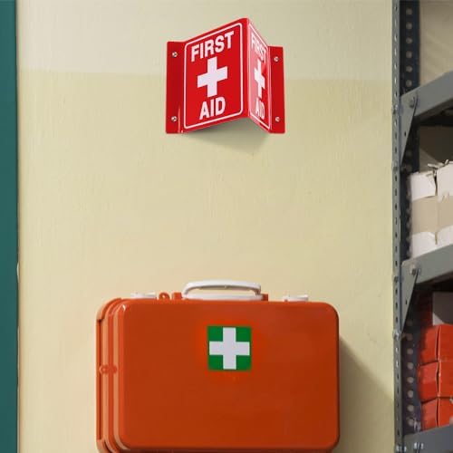 First Aid Sign, First Aid with Cross Symbol - 4 Pack - 8 x 6 Inches Acrylic, 4 pre-drilled holes, Includes Matching Screws, Use for Office/Business