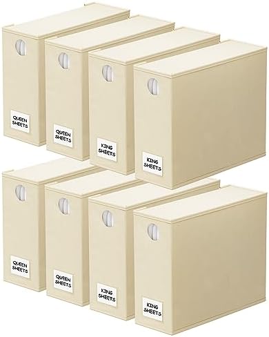 8 Pack Bed Sheet Organizers and Storage, Foldable Sheet Organizer for Linen Closet, Sheets Set Folder Keeper with Window XL (Queen & King Size) Bedding Container (Beige, 8 Pack)