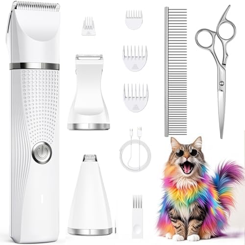 Cat Grooming Clippers Kit with Paw Trimmer, 3 in 1 Electric Pet Hair Trimmer Supplies for Thick Matted Hair, Heavy Coat Butt Shaver Cat Razor Fur Trimmer for Dogs at Home (White)