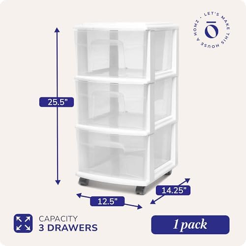 Drawer Tower, 3-Tier Storage Cart with Removable Wheels, White Frame