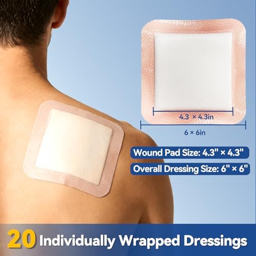 20 Count Silicone Super Absorbent Wound Dressing 6" x 6" - Large Adhesive Bandage for Heavy Exudate, Border Wound Care Pads for Pressure Sore and Post-Surgical Incisions