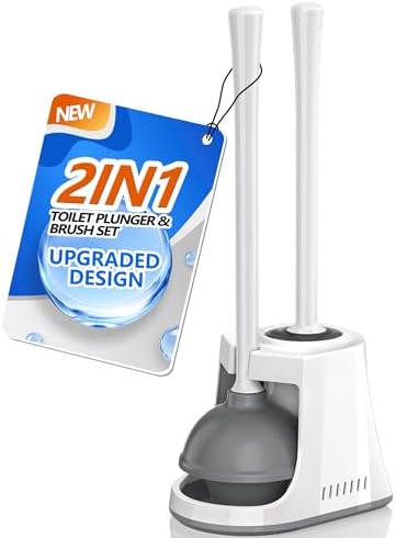Toilet Plunger and Brush with Holder, Bowl Brush and Heavy Duty Toilet Plunger Set with Ventilated Holder, 2-in-1 Toilet Brush and Plunger Combo for 5.3-inch Toilet Drain New Pack (White, 1)