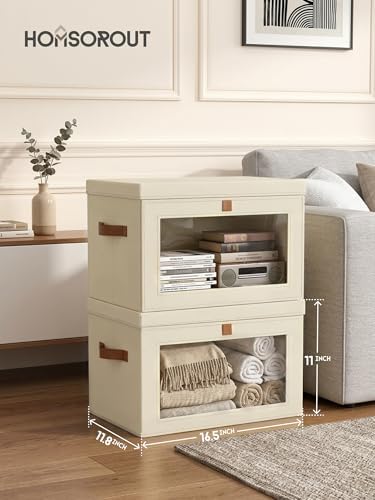Large Closet Storage Organizer - Clothes Storage Bins with Handles & Window, Collapsible Decorative Boxes with Lids, Fabric Containers for Living Room, Dorm, 2 Pack, Beige