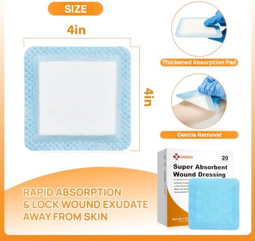 4" x 4" Super Absorbent Wound Dressing, 20 Pack, Non-Adhesive Pads