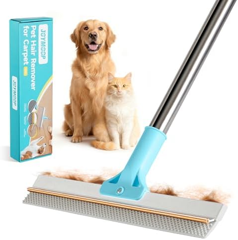 Carpet Rake for Pet Hair Removal, 63" Adjustable Long Handle Pet Hair Remover, Reusable Cat Dog Hair Carpet Rake with Metal and Silicone Scraper for Rug, Sofa, Cloth