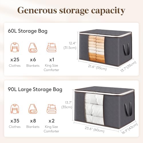 6 Pack Clothes Storage Bins with Lids, Foldable Blanket Storage Bags with Zippers, Clear Window and Reinforced Handles, Closet and Organization for Clothing, Sweater, Comforter, Bedding