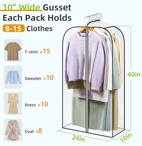 6 Pack Clear Garment Bags for Hanging Clothes with Zippers on Double Sides - 10'' Clothes Storage for Coat, Dress, and Fur in Closet - 40'' Long Suit Bags