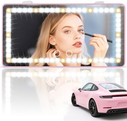 Car Sun Visor Vanity Mirror - Rechargeable Makeup Mirror with 60 LEDs, 3 Light Modes & Dimmable Touch Control for Cars, Trucks, SUVs, Car Interior Accessories for Women (Pink)